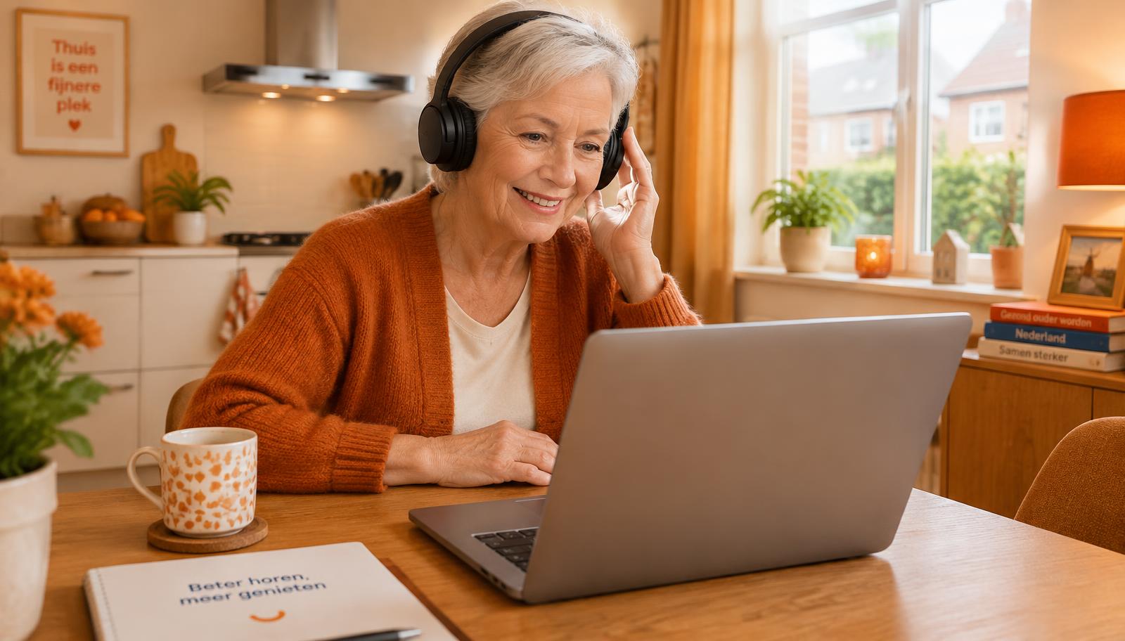 Vrouw doet thuis een online hoortest met een koptelefoon achter haar laptop